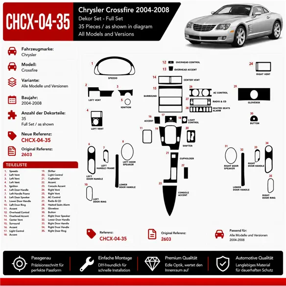 Chrysler Crossfire 2004-2008 kit rivestimento cruscotto e interni 3D 35 pezzi