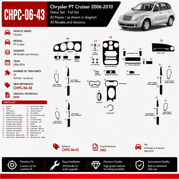 Chrysler PT Cruiser 2006-2010 kit rivestimento cruscotto e interni 3D 43 pezzi