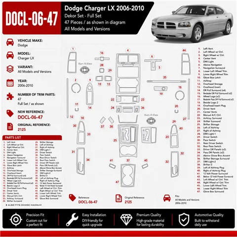 Dodge Charger LX 2006-2010 kit décoration intérieure tableau de bord 47 pièces