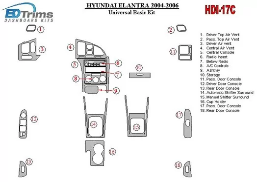 Hyundai Elantra 2004-2006 Universal Basic Set Interior BD Dash Trim Kit