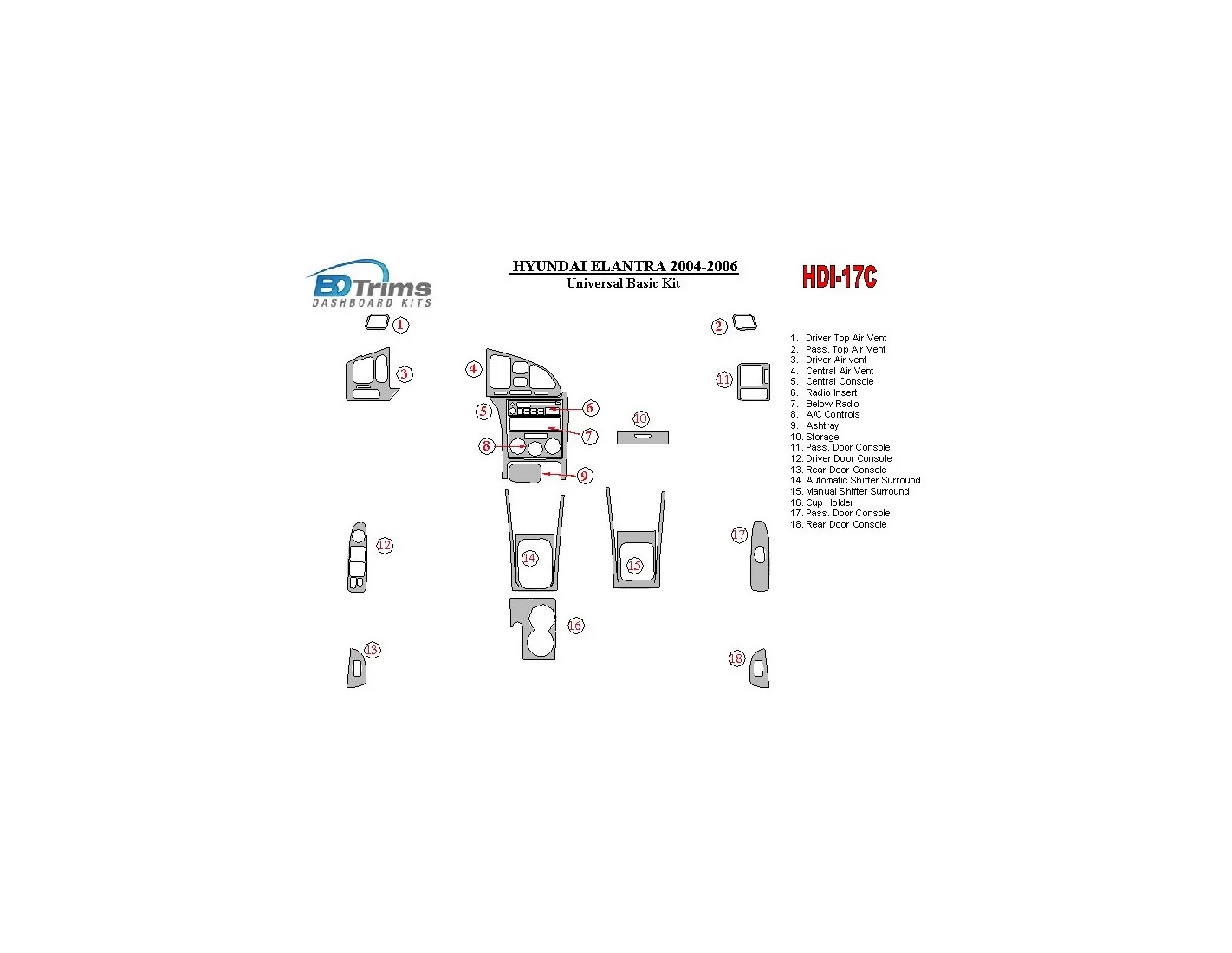 Hyundai Elantra 2004-2006 Universal Basic Set Interior BD Dash Trim Kit