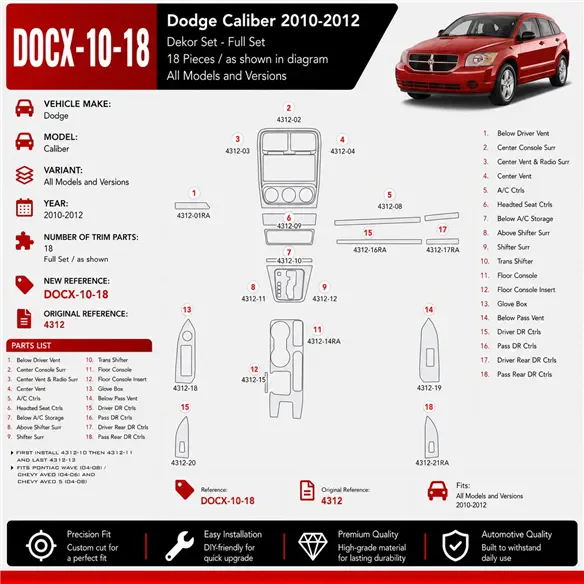 Dodge Caliber 2010-2012 kit rivestimento cruscotto e interni 3D 18 pezzi