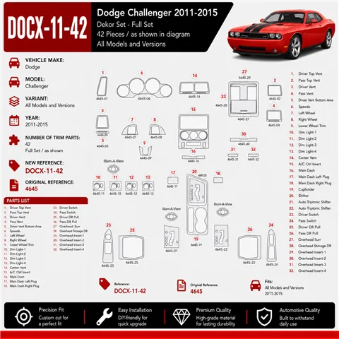 Dodge Challenger 2011-2015 Interior Dashboard Trim Kit Dash Trim Dekor 42 Parts