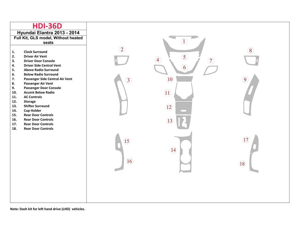 Hyundai Elantra 2011-2013 Full Set, GLS Model, Without Seat Heating Decor de carlinga su interior