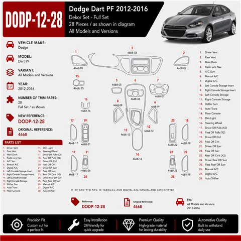 Dodge Dart PF 2012-2016 3D dashboard sierlijstset, 28 delen 2