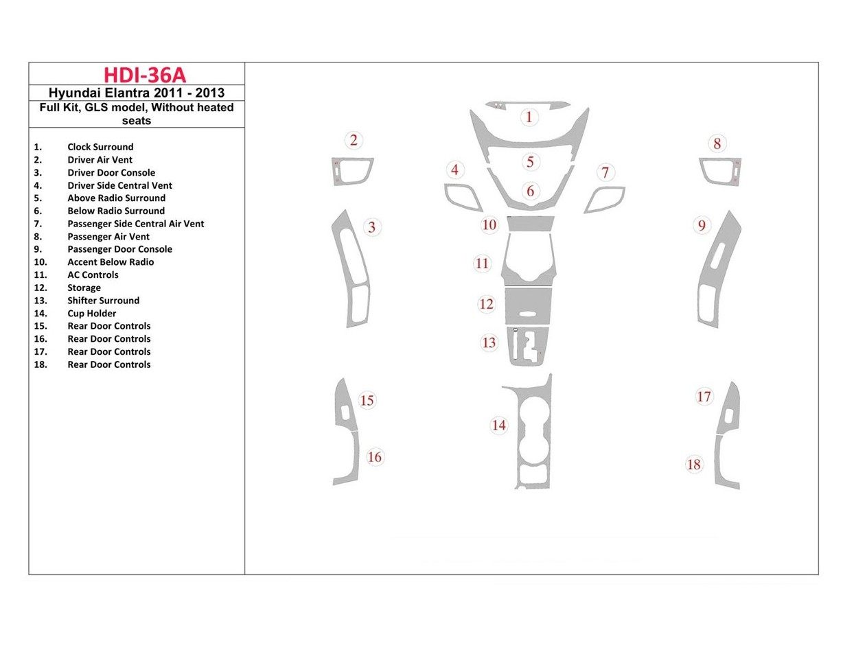 Hyundai Elantra 2011-UP Ensemble Complet, GLS Model, Sans Heated Seats BD Kit la décoration du tableau de bord - 1 - habillage d