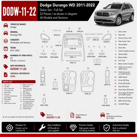 Dodge Durango WD 2011-2022 kit décoration intérieure tableau de bord 22 pièces