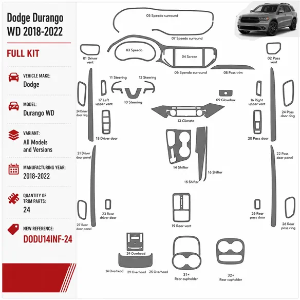Dodge Durango WD 2018-2022 Interior Dashboard Trim Kit Dash Trim Dekor 24 Parts