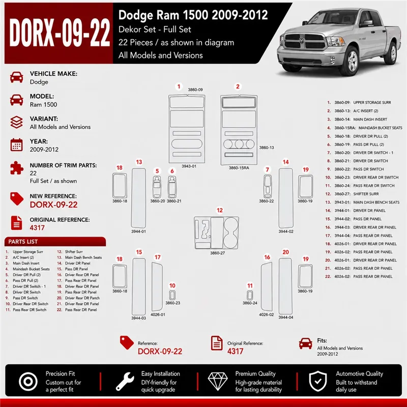 Dodge Ram 1500 2009-2012 kit rivestimento cruscotto e interni 3D 22 pezzi