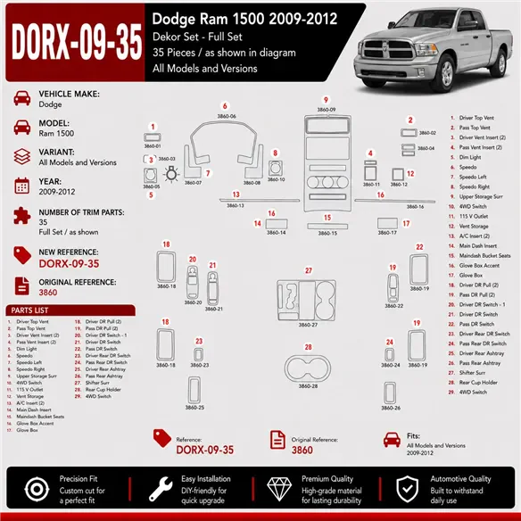 Dodge Ram 1500 2009-2012 Interior Dashboard Trim Kit Dash Trim Dekor 35 Parts