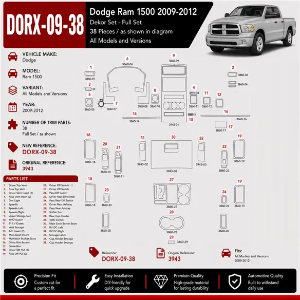 Dodge Ram 1500 2009-2012 3D Cockpit Dekor Interieurleisten Set 38-teilig
