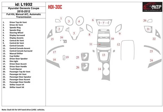 HYUNDAI Hyundai Genesis Coupe 2010-2012 Full Set, Automatic Gearbox , Automatic AC Interior BD Dash Trim Kit €59.99