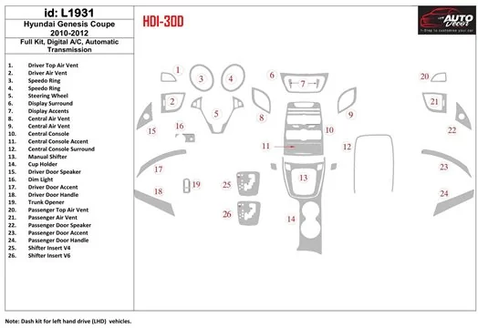 HYUNDAI Hyundai Genesis Coupe 2010-2012 Full Set, Automatic Gearbox , Manual Gearbox AC Interior BD Dash Trim Kit €59.99