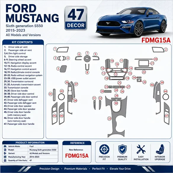 Ford Mustang 2015-2023 Interior Dashboard Trim Kit Dash Trim Dekor 47 Parts
