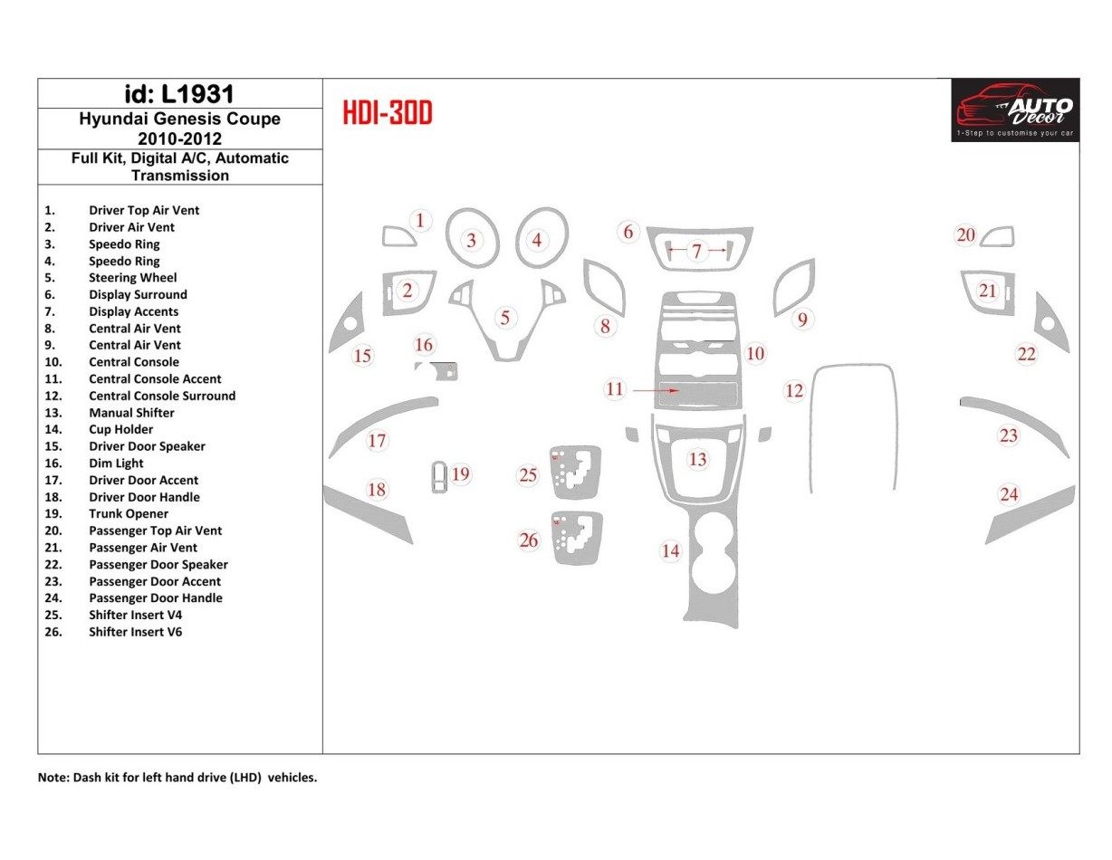 Hyundai Genesis Coupe 2010-2012 Ensemble Complet, Boîte automatique , boîte manuellebox AC BD Kit la décoration du tableau de bo