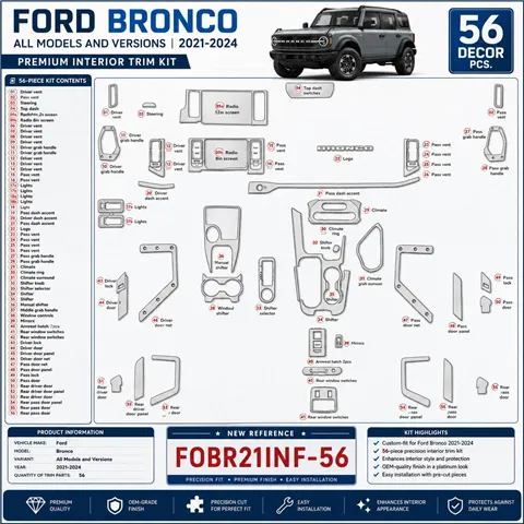 Ford Bronco 2021-2024 kit 3D de molduras interiores para salpicadero 56 piezas