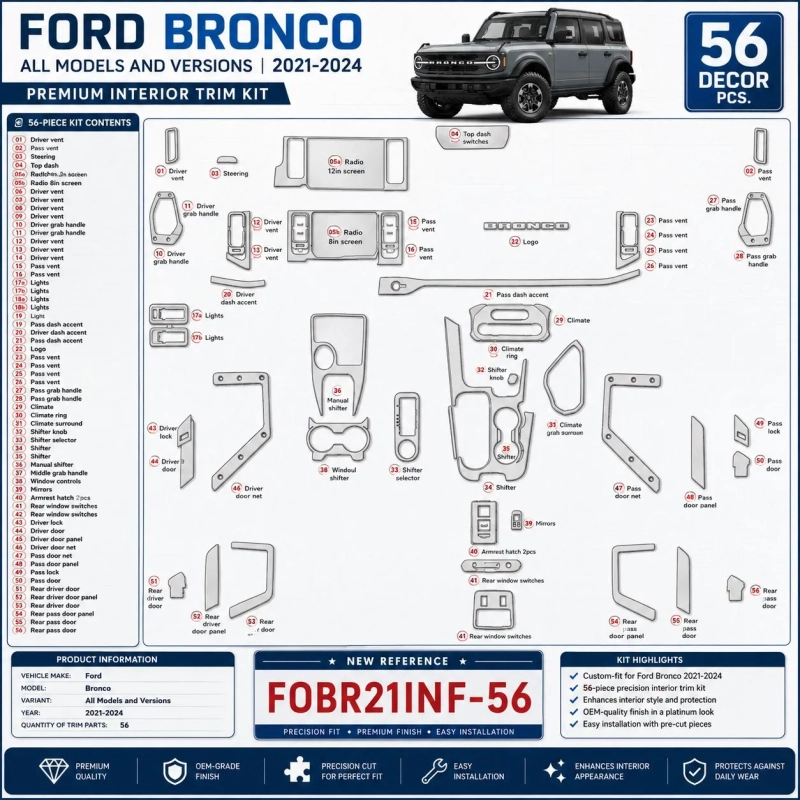 Ford Bronco 2021-2024 3D Interior Dashboard Trim Kit Dash Trim Dekor 56-Parts