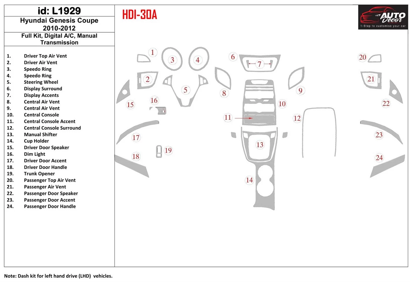 HYUNDAI Hyundai Genesis Coupe 2010-2012 Full Set, Manual Gearbox , Automatic AC Interior BD Dash Trim Kit €59.99