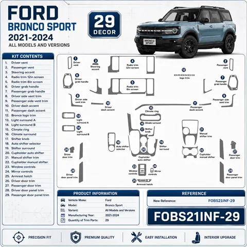 Ford Bronco Sport 2021-2024 kit 3D de molduras interiores para salpicadero 29 piezas