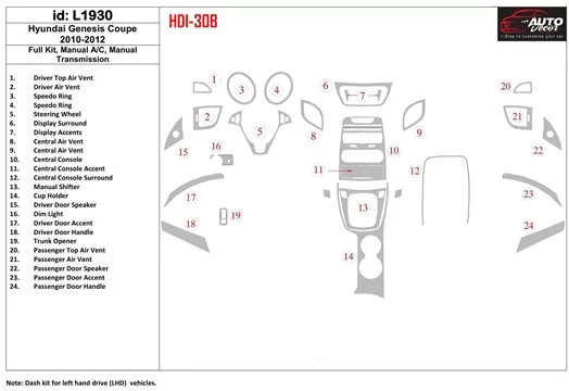 Hyundai Genesis Coupe 2010-2012 Full Set, Manual Gearbox , Manual Gearbox AC BD Interieur Dashboard Bekleding Volhouder