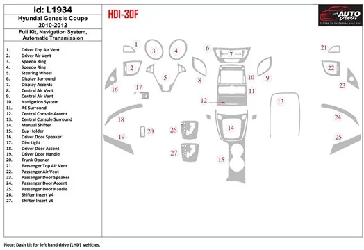 HYUNDAI Hyundai Genesis Coupe 2010-2012 Full Set, Navigation system, Automatic Gearbox Interior BD Dash Trim Kit €59.99