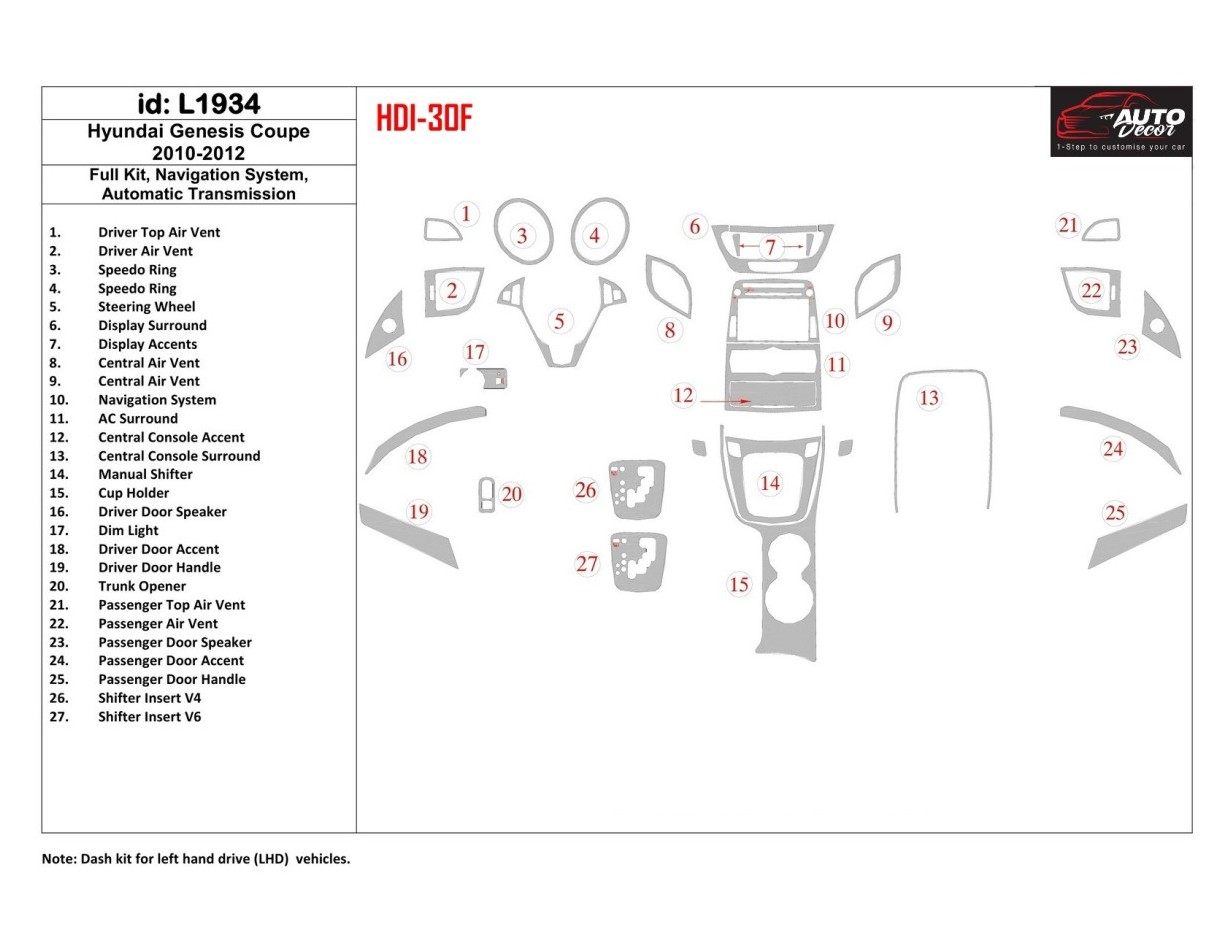 Hyundai Genesis Coupe 2010-2012 Voll Satz, Navigation system, Automatic Gearbox BD innenausstattung armaturendekor cockpit deko 