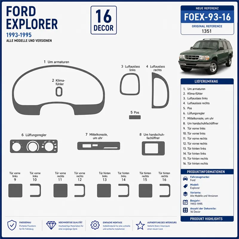 Ford Explorer 1993-1995 3D Cockpit Dekor Interieurleisten Set 16-teilig