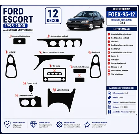 Ford Escort 1995-2000 3D kit décoration intérieure tableau de bord 12 pièces 2