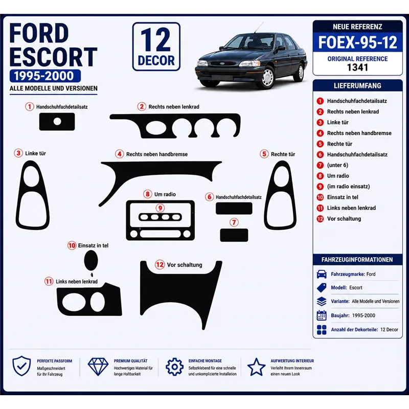 Ford Escord 1995-2000 3D interieur dashboard decoratieset dashboard decor 12-delen