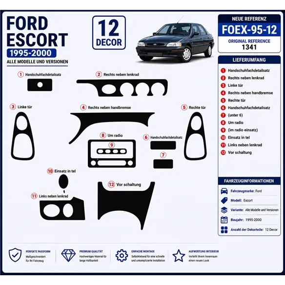 Ford Escord 1995-2000 kit 3D de molduras interiores para salpicadero 12 piezas