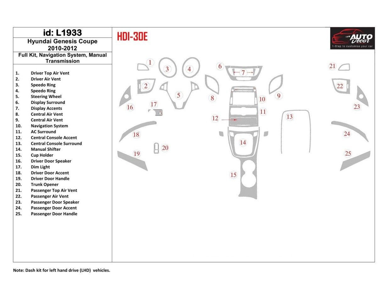 Hyundai Genesis Coupe 2010-2012 Voll Satz, Navigation system, Manual Gearbox BD innenausstattung armaturendekor cockpit dekor - 