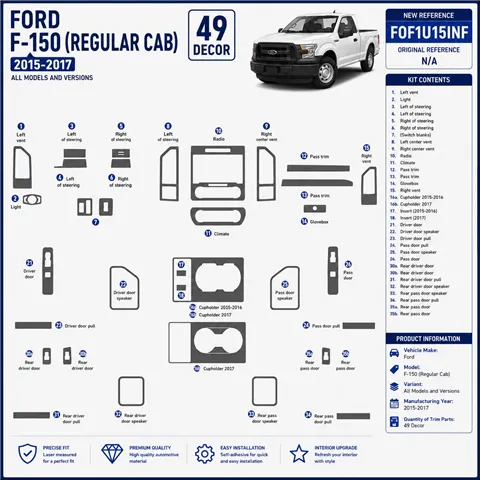 FORD F-150 (REGULAR CAB) | 2015-2017 Interior Dashboard Trim Kit Dash Trim Dekor 49 Parts