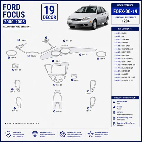 Ford Focus 2000-2005 Interior Dashboard Trim Kit Dash Trim Dekor 19 Parts
