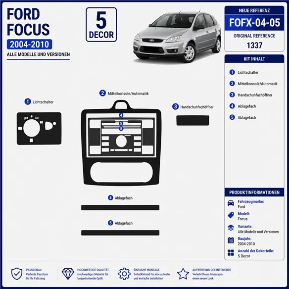 Ford Focus 2004-2010 3D kit décoration intérieure tableau de bord 5 pièces