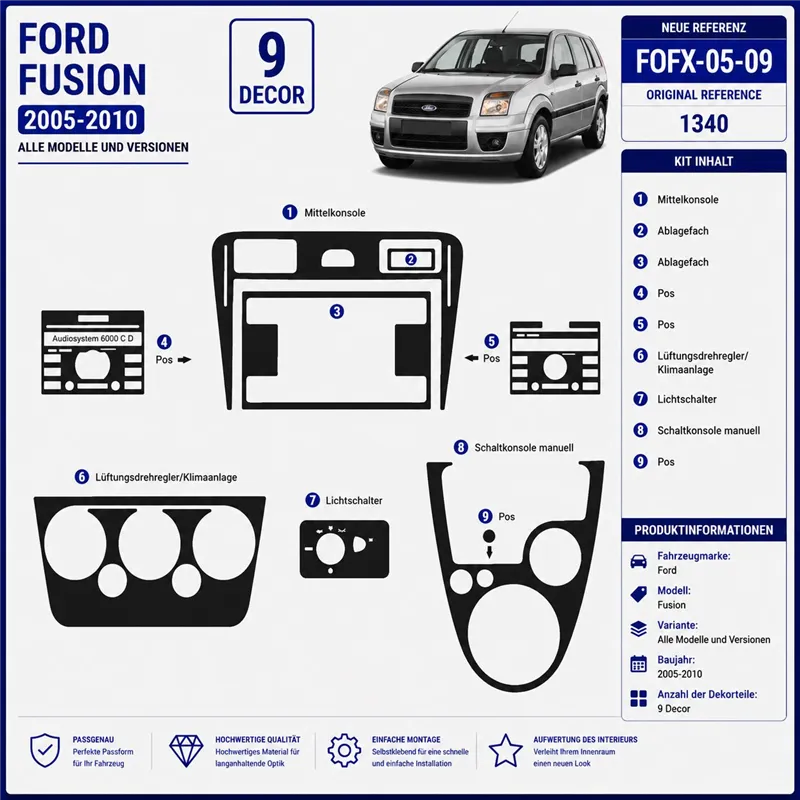 Ford Fusion 2005-2010 3D Interior Dashboard Trim Kit Dash Trim Dekor 9-Parts