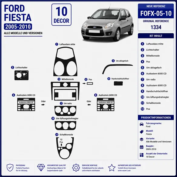 Ford Fiesta 2005-2010 3D Interior Dashboard Trim Kit Dash Trim Dekor 10-Parts