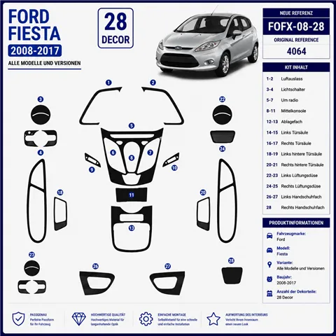 Ford Fiesta 2008-2017 interieur dashboard decoratieset dashboard decor 28 delen