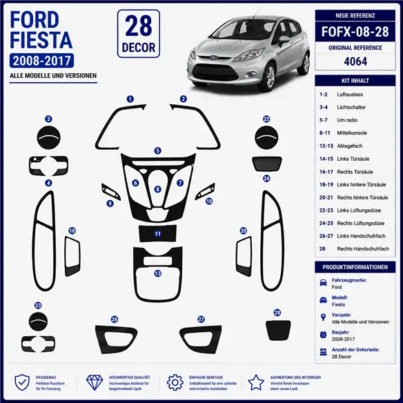 Ford Fiesta 2008-2017 3D Cockpit Dekor Interieurleisten Set 28-teilig