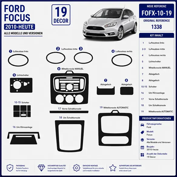 Ford Focus 2010-UP 3D Interior Dashboard Trim Kit Dash Trim Dekor 19-Parts