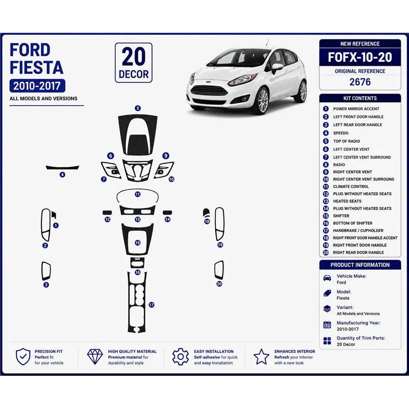 Ford Fiesta 2010-2017 3D kit décoration intérieure tableau de bord 20 pièces