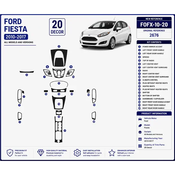 Ford Fiesta 2010-2017 kit 3D de molduras interiores para salpicadero 20 piezas