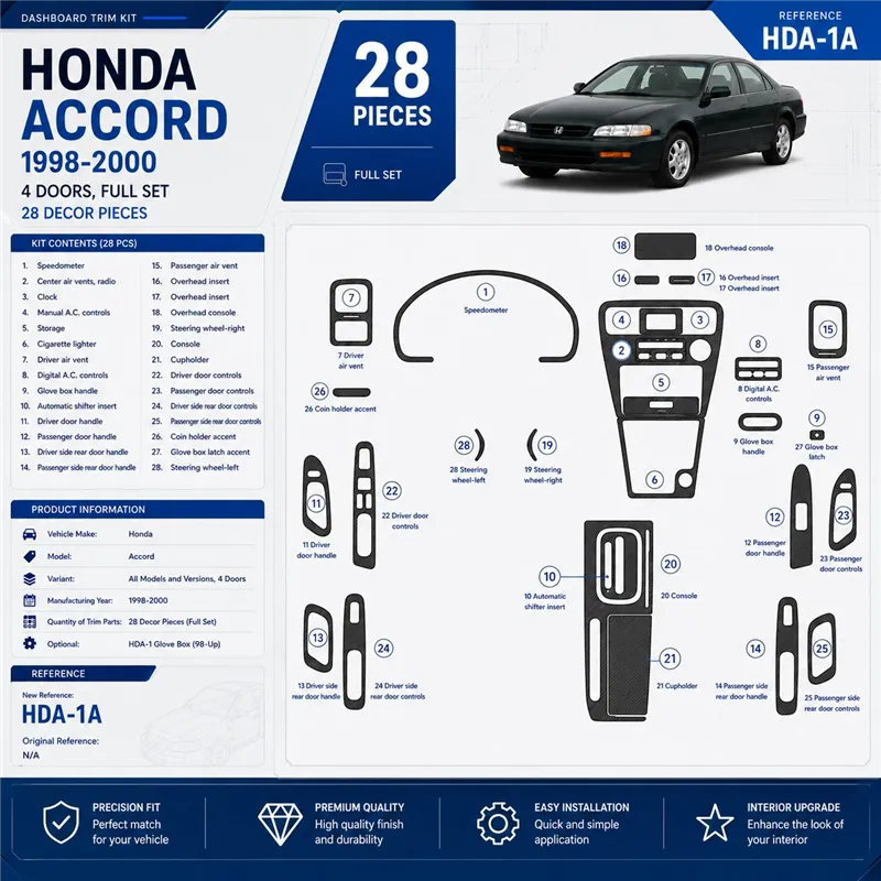 Honda Accord 1998-2000 4 portes, kit complet, 28 pièces kit décoration intérieure tableau de bord