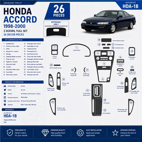 Honda Accord 1998-2000 2 Doors juego completo, 26 piezas set, kit de molduras interiores para salpicadero