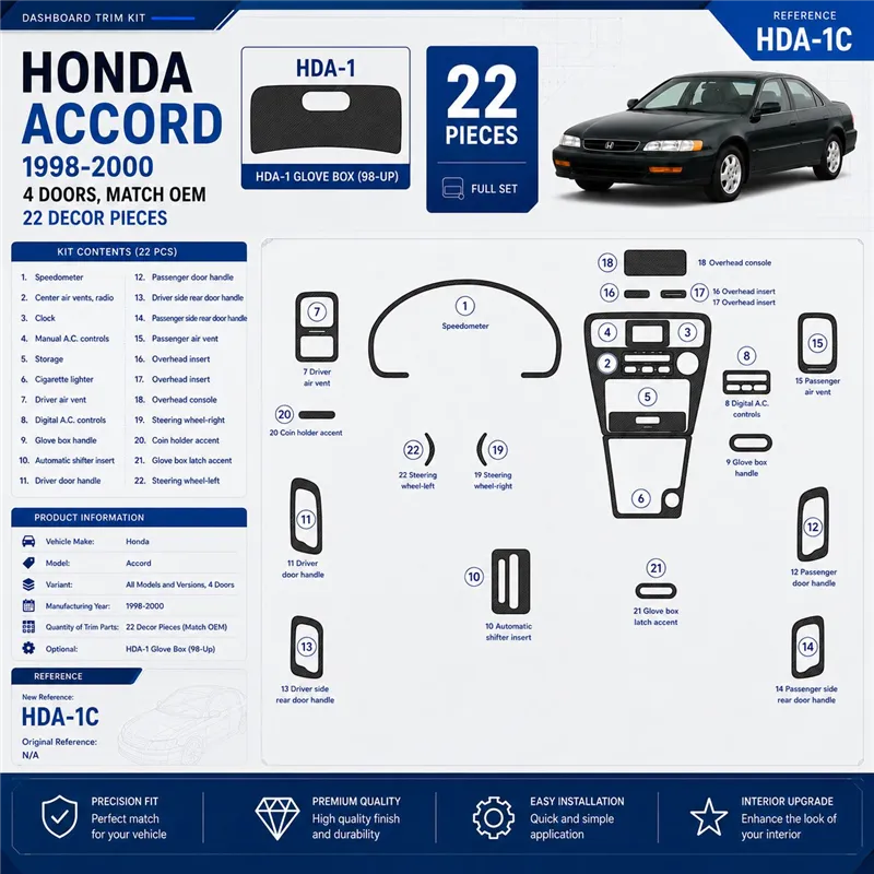 Honda Accord 1998-2000 4 Doors, OEM Compliance, 22 Parts set Interior Dashboard Trim Kit Dash Trim Dekor