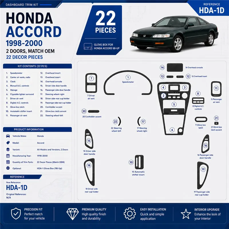 Honda Accord 1998-2000 2 Doors, Mtach OEM, 22 Parts set Interior Dashboard Trim Kit Dash Trim Dekor