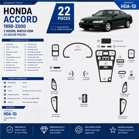 Honda Accord 1998-2000 2 Doors, Mtach OEM, 22 delen set interieur dashboard decoratieset dashboard decor