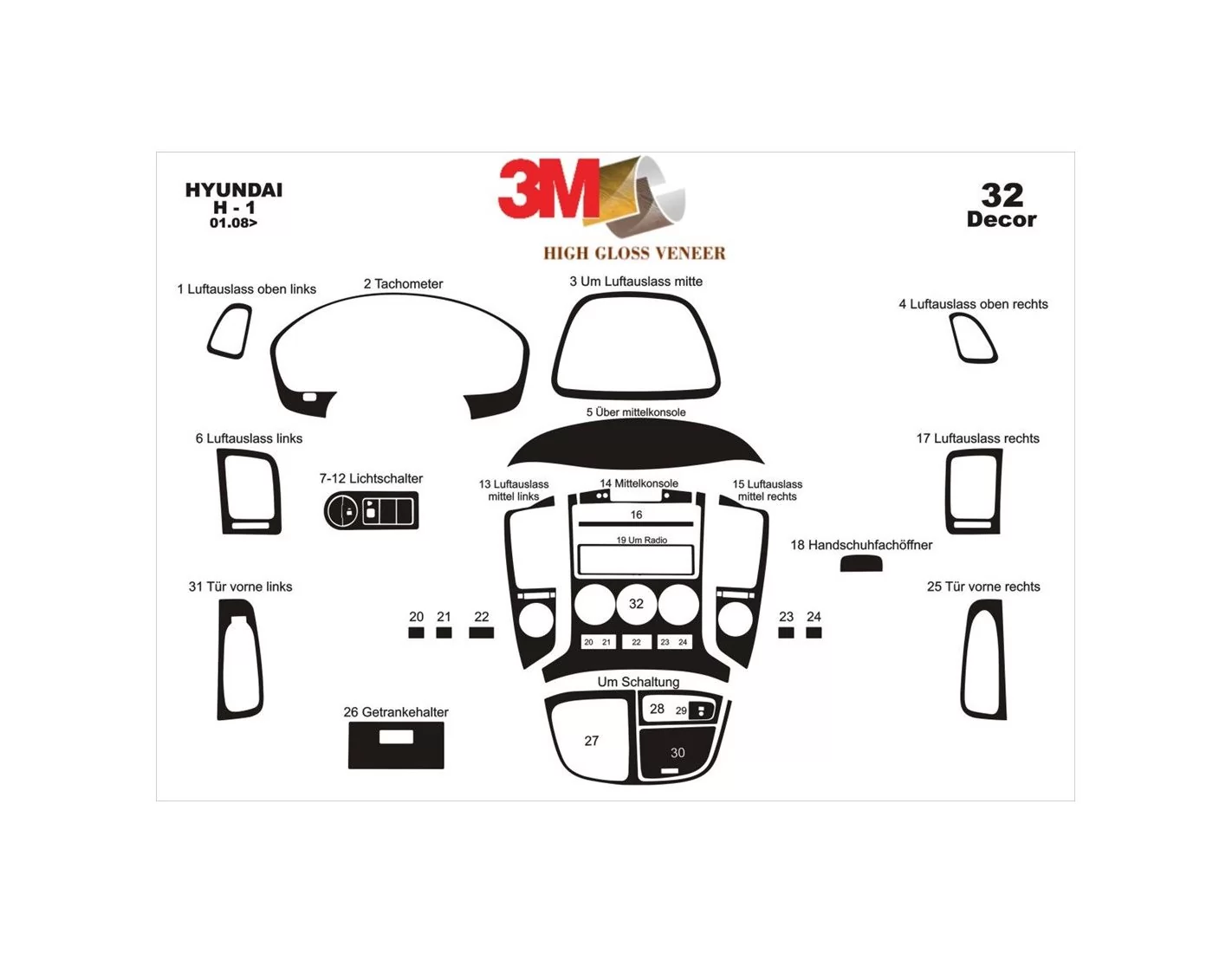 Dashboard 32-Parts Trim 3D Dekor Full Interior Kit Dash 03.2008 Trim Hyundai H1 Set
