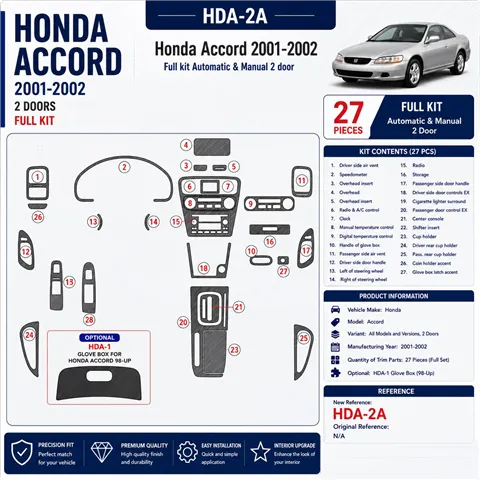 Honda Accord 2001-2002 2 portes, kit complet, 27 pièces kit décoration intérieure tableau de bord