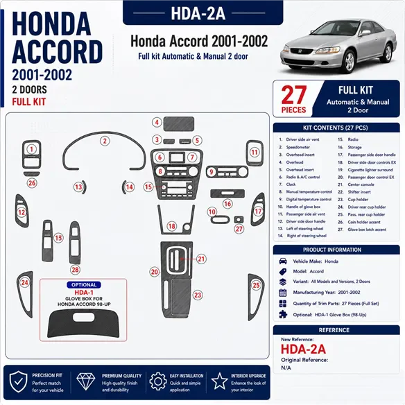 Honda Accord 2001-2002 2 Doors, Full Set, 27 Parts set Interior Dashboard Trim Kit Dash Trim Dekor