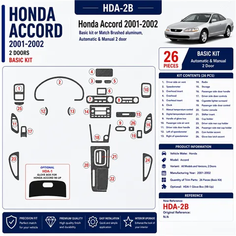 Honda Accord 2001-2002 2 Doors, Basic Set, 26 Parts set Interior Dashboard Trim Kit Dash Trim Dekor